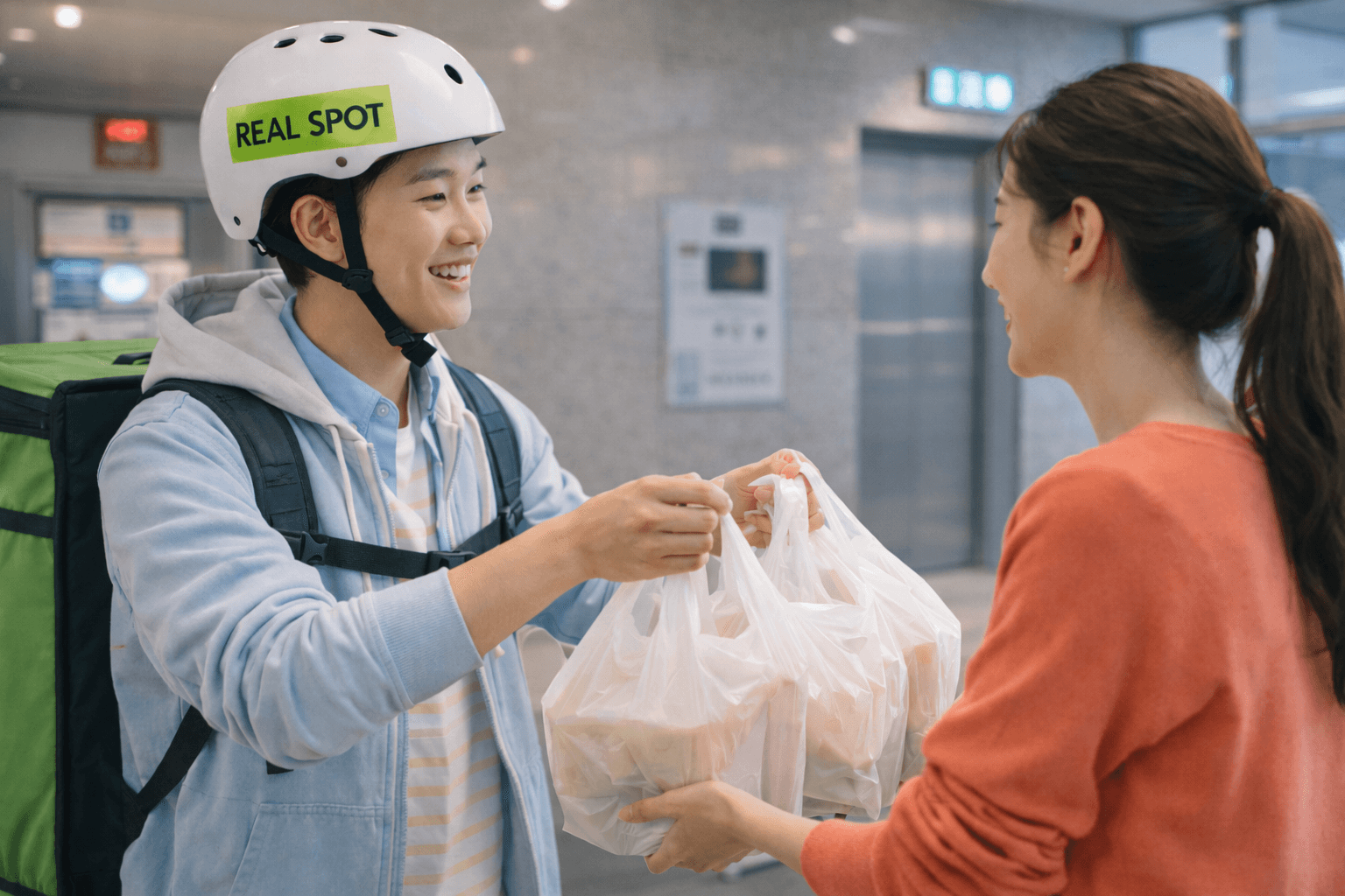 REALSPOT 헬멧 스티커를 착용한 라이더가 고객에게 배달하는 모습